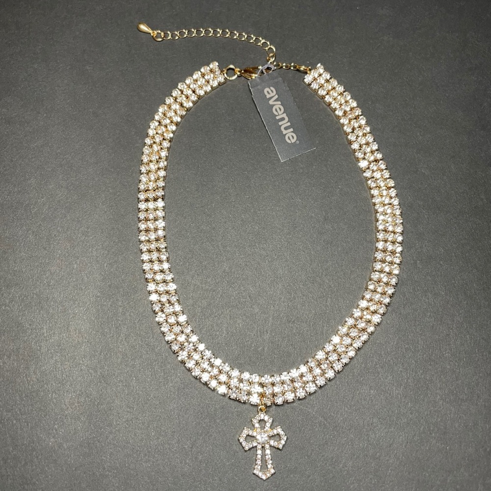 Avenue Womens Gold Tone Triple Row Rhinestone Choker Cross Pendant Necklace NWT